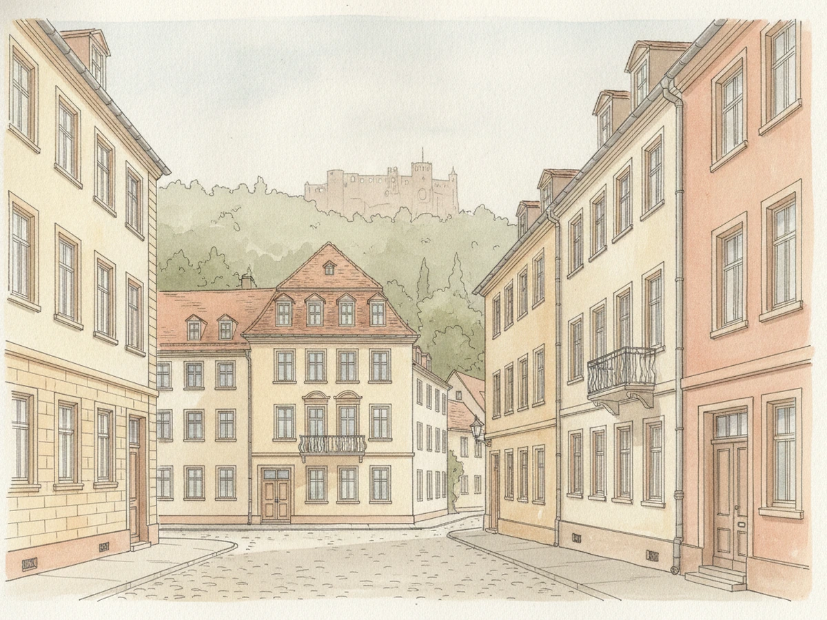 Historische Altbaufassaden in Heidelberg mit Burgsilhouette im Hintergrund