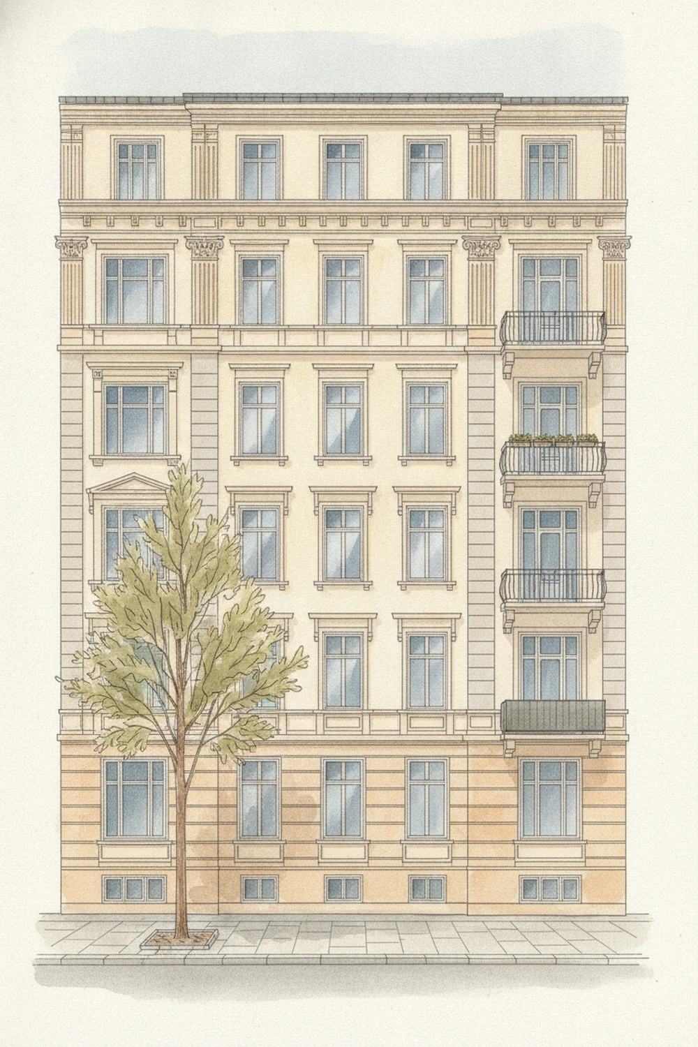 Gründerzeit-Mietshaus mit Stuckfassade und Balkon in einem Karlsruher Wohnviertel