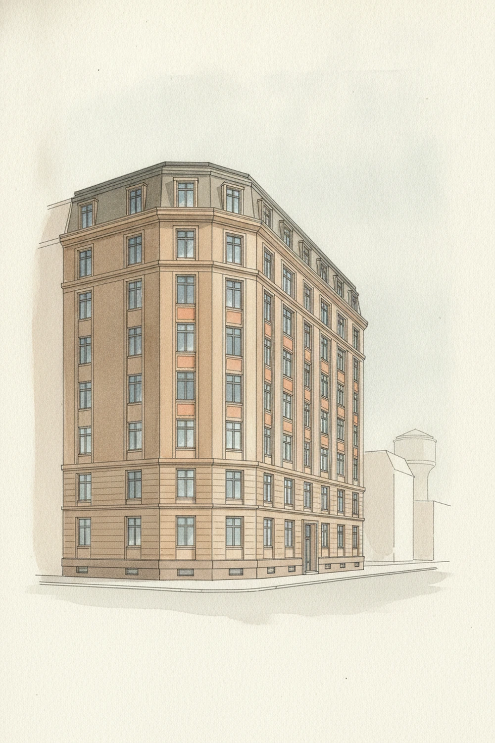 Mehrfamilienhaus im Mannheimer Quadrate-Viertel mit Wasserturm im Hintergrund