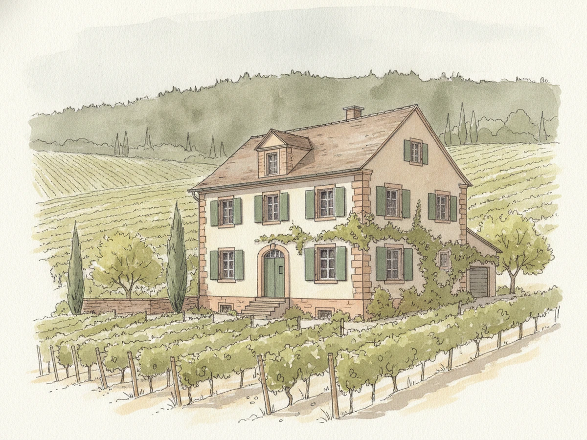 Innenhof eines Sandsteinhauses in der Südpfalz mit Weinbergen im Hintergrund